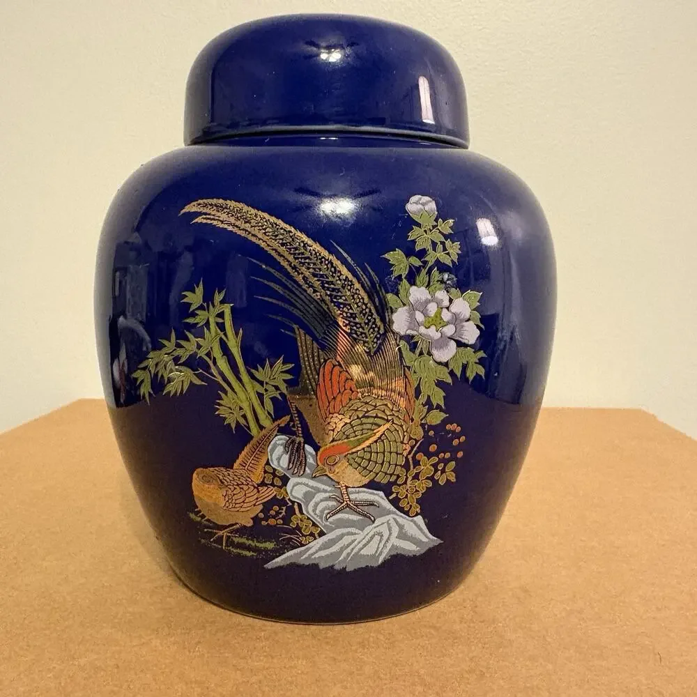 Vintage Cobalt Blue Pheasant Ginger Jar Vase w/Lid Gold Florals